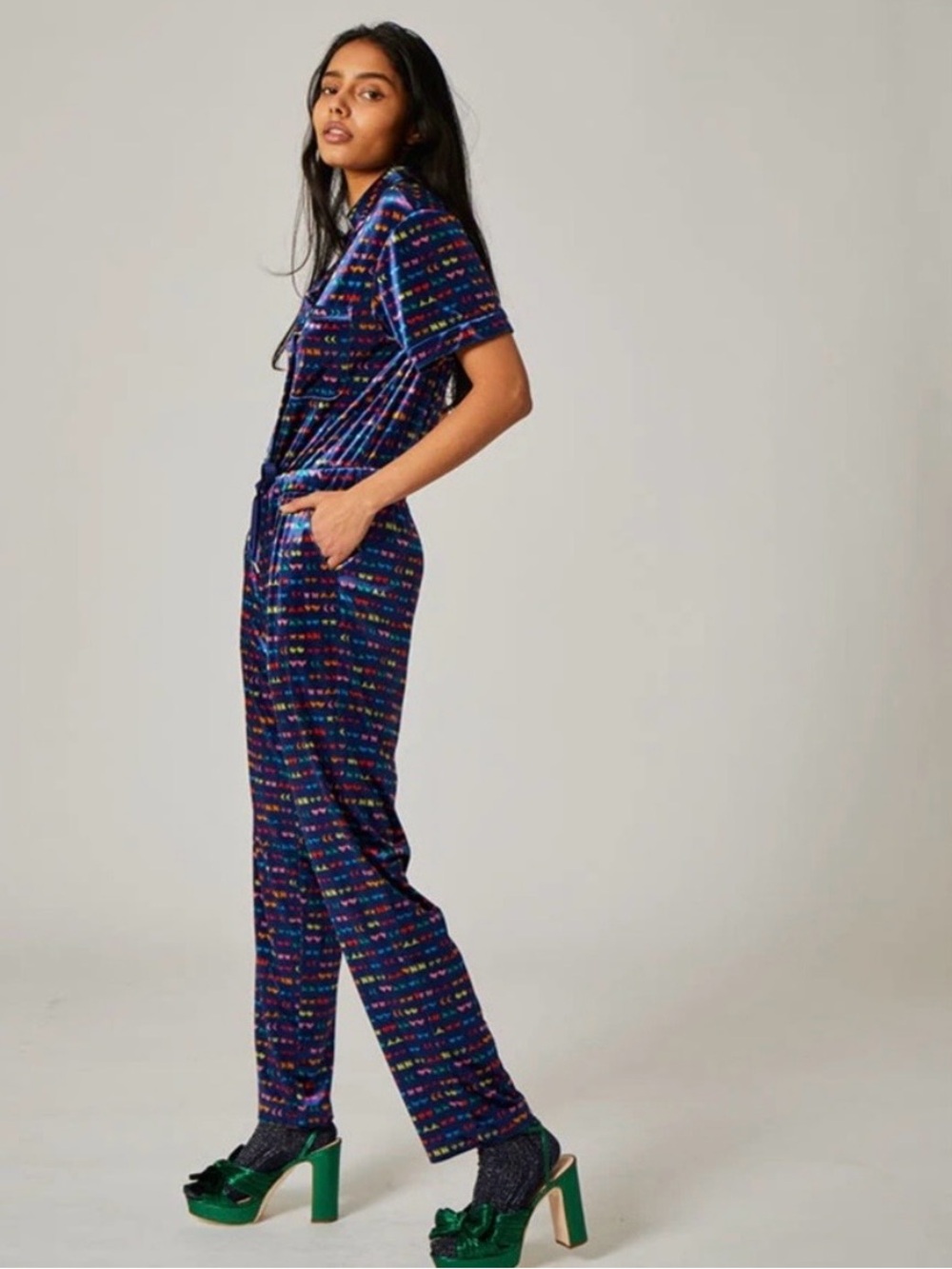 Rachel Antonoff Navy Jewel Short-Sleeve Jumpsuit Stick On Earrings Print Size XS